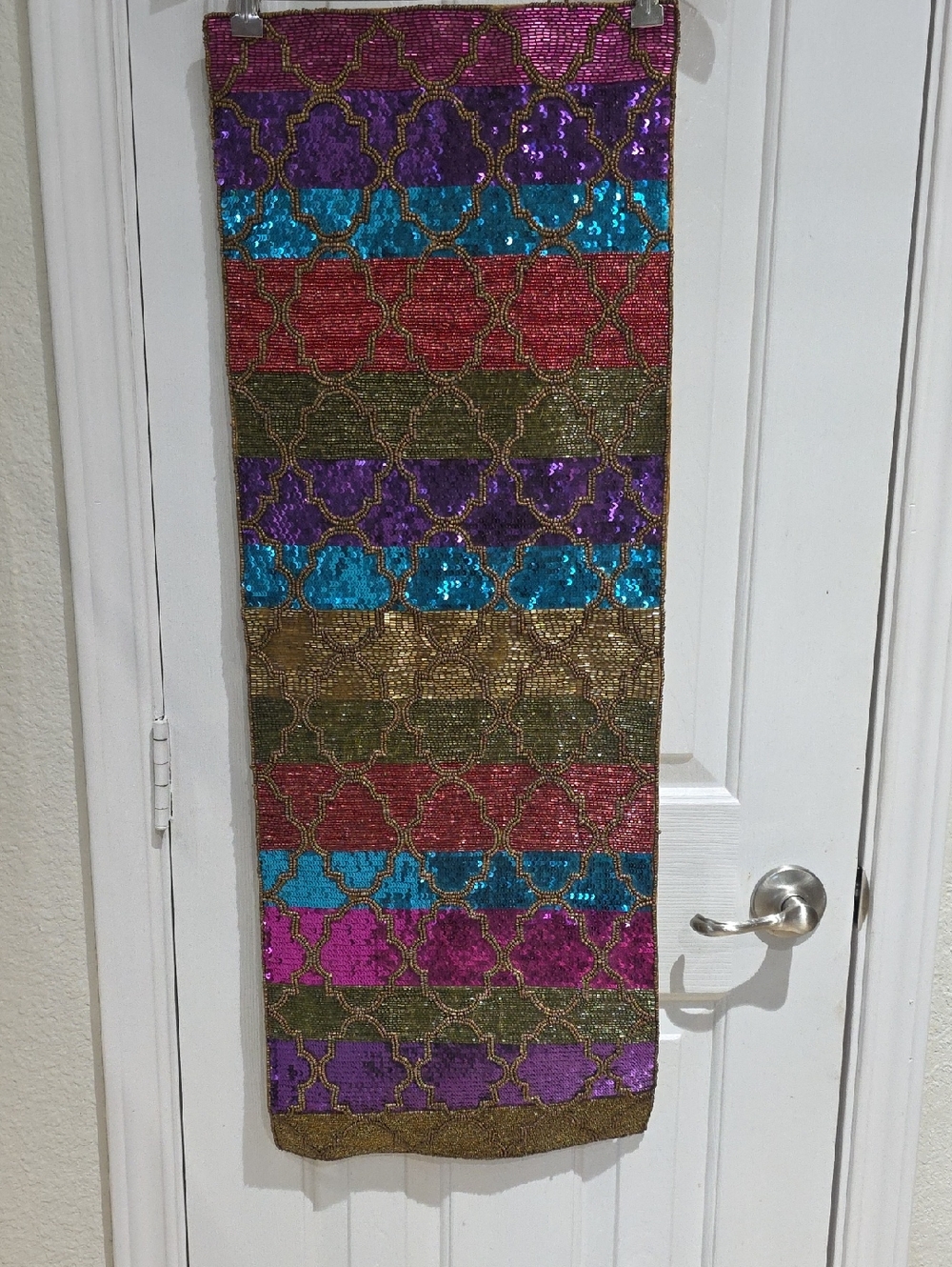 Pier 1 Striped Multicolor Sequin Table Runner with Gold Bead Lattice